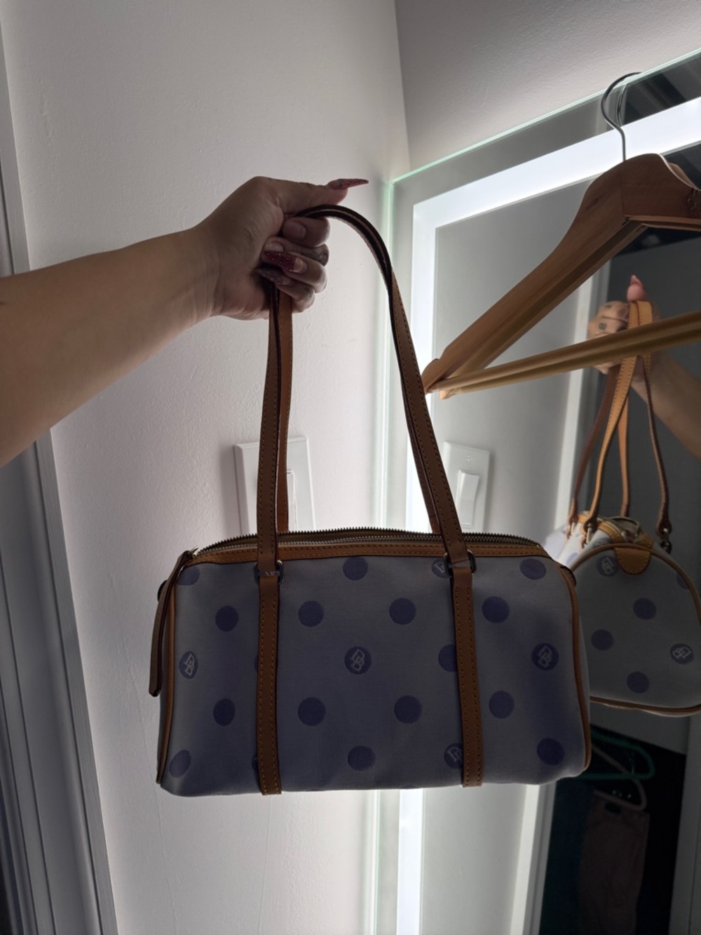 Dooney & Bourke Blue Polka Dot Canvas Satchel with Brown Leather Trim